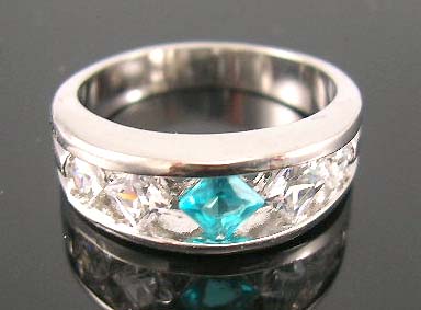 Cubic zirconia fashion engagement ring for lady wholesaler supply fine rhodium ring combination of aqua and clear cz stones
