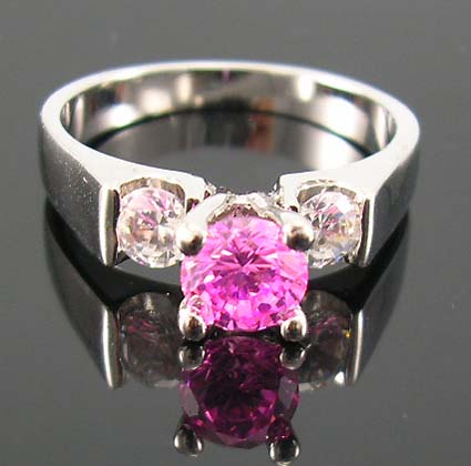 Lady wonderful engagement fashion cubic zirconia ring shop online - rounded cut pink cz ring paired with two clear cz stones