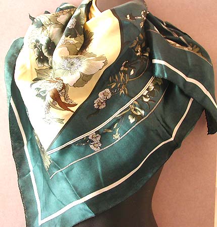 Wholesale shop quality women scarves online supply  square polyester scarf with dark green and yellow color floral design 