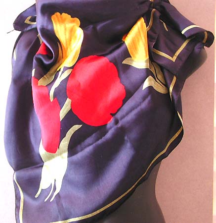 Selling fashion scarves online for holiday shopping, dark blue large square polyester scarf with red yellow flower decor