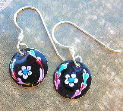 Quality design enamel jewelry catalog on line with black floral enamel sterling silver earrings  