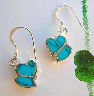 Designer turquoise jewelry in heart wholesale supply silver earrings with reconstructed turquoise inlay   