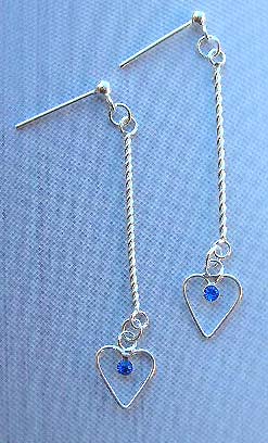 Custume fashion jewelry wholesale supply sterling silver earrings with long string holding blue Cz in heart design        