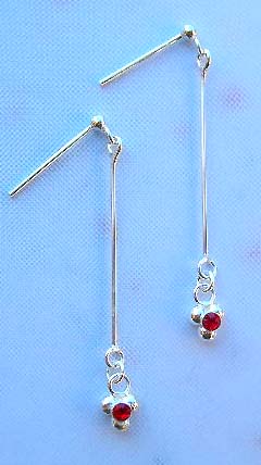 Fashion silver jewelry affortalbe at wholesale price in sterling silver long chain earrings with red cz bubble like design         