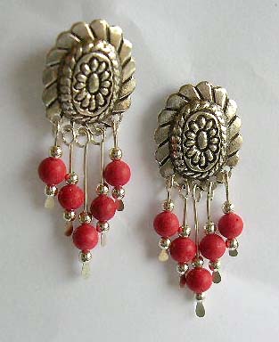 Beaded jewelry wholesale distributor of silver earrings with red beads dangles   