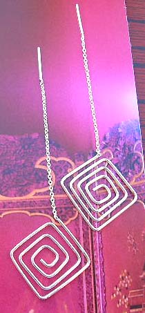 Women dangling jewelry shopping at wholesale price, sterling silver long earrings with spiral square design 
