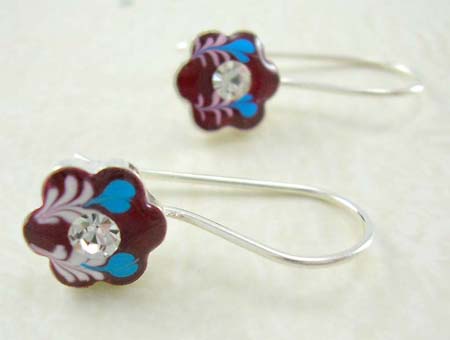Enamel art jewelry reference display wholesale flower design sterling silver earrings with rounded clear cz in middle 