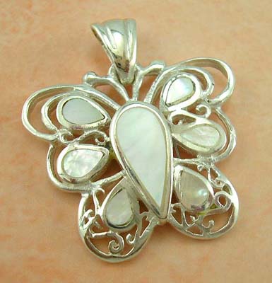 Pearl pendant butterfly jewelry design wholesaler supply white mother-of-pearl sterling silver pendant in butterfly design  