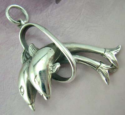 High quality jewelry gift for dolphin lover - sterling silver pendant with two jumping dolphins  