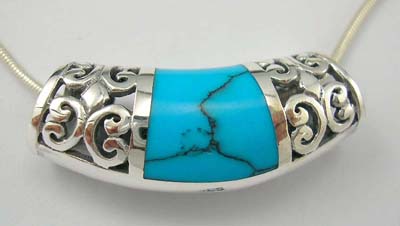Gift for turquoise lover filigree pendant slide in 925 stamped sterling silver filigree pendant with rectangular turquoise inlay 