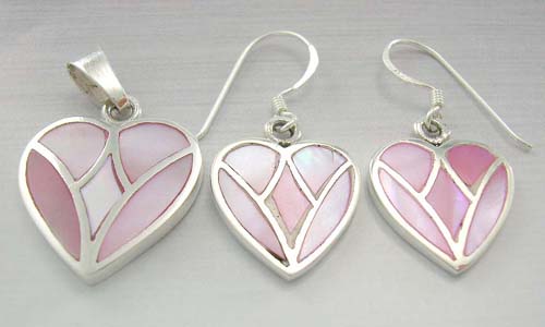 Heart pearl jewelry set catalog wholesale distributor sterling silver earrings and pendant in heart love with pink mother of pearl inlay  