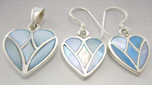 Fashion lady jewelry trend heart set with pearl, sterling silver earrings and pendant in heart shape with blue mother of pearl seashell  