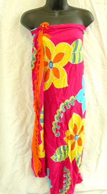 Womens resort clothing exporter supplies hot pink indonesian pareo wrap with tropical pattern