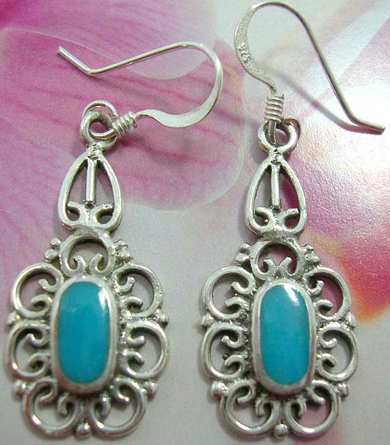 Stamped 925.sterling silver French fish hook earwires  earring motif in elegant flower with blue turquoise embedded in the center            