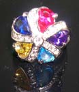 Distinctive high designer inspired cz jewelry ring in combination of ruby, yellow, purple, aqua and sahpphire-blue cz embedded flower patter design