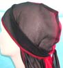 breathable, wrinkle free black color polyester fashion durag with reddish long tie, ultra strecth, comes in own display package, one size fits all