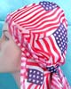 fashion American flag style wrinkle free polyester durag with long tie, ultra strecth, breathable, comes in own display package, one size fits all