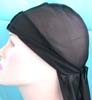 polyester pure black color fashion durag with long tie, wrinkle free, ultra strecth, breathable, comes in own display package, one size fits all