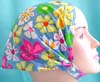 Light blue cotton head bandana head scarf with stretchable end in multi color flower pattern design 
