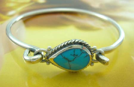 Gift for turquoise jewelry custom store wholesaler in sterling silver bangle with water-drop turquoise in middle                        