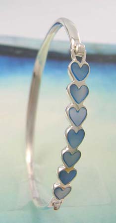 Heart pearl jewelry gift in stamped 925 sterling silver bangle with multi heart blue mother of pearl                          