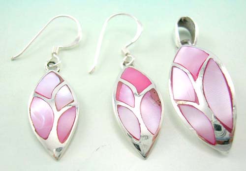 Lady pearl jewelry fashion matching set importer supply olive pink mother of pearl sterling silver earrings and pendant     
