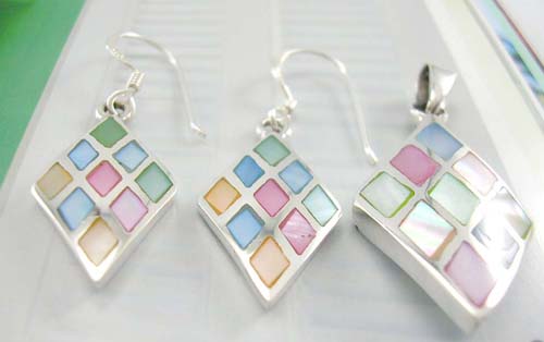 Shop for her pearl set wholesaler supply sterling silver pendant and earrings in diamond shape with assorted mother of pearl inlay  