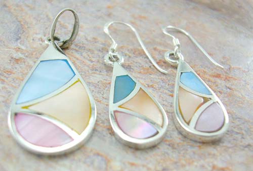 Premier mother of pearl jewelry gift set wholesale sterling silver earrings and pendant in water-drop-shaped with assorted mother peral seashell    