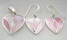 Heart pearl jewelry set catalog wholesale distributor sterling silver earrings and pendant in heart love with pink mother of pearl inlay