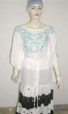 Medium sleeves scoop neck blue embroidery shirt top with drawstrings seams on waist